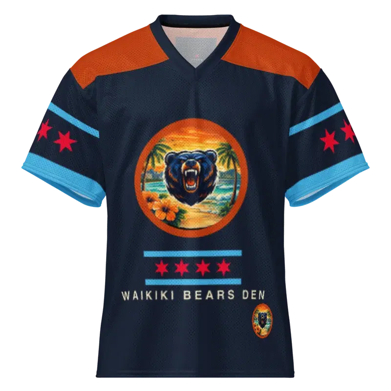 Front of the Waikiki Bears Den jersey — navy body, solid orange shoulder yoke, Honolulu sunset bear crest on the chest, Chicago flag bars and stars down each sleeve